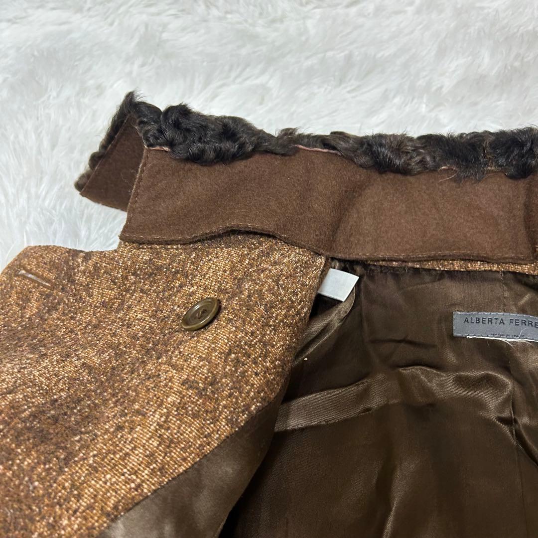 A FERRETTI ウールコート ファー衿 ダブルボタン ブラウン