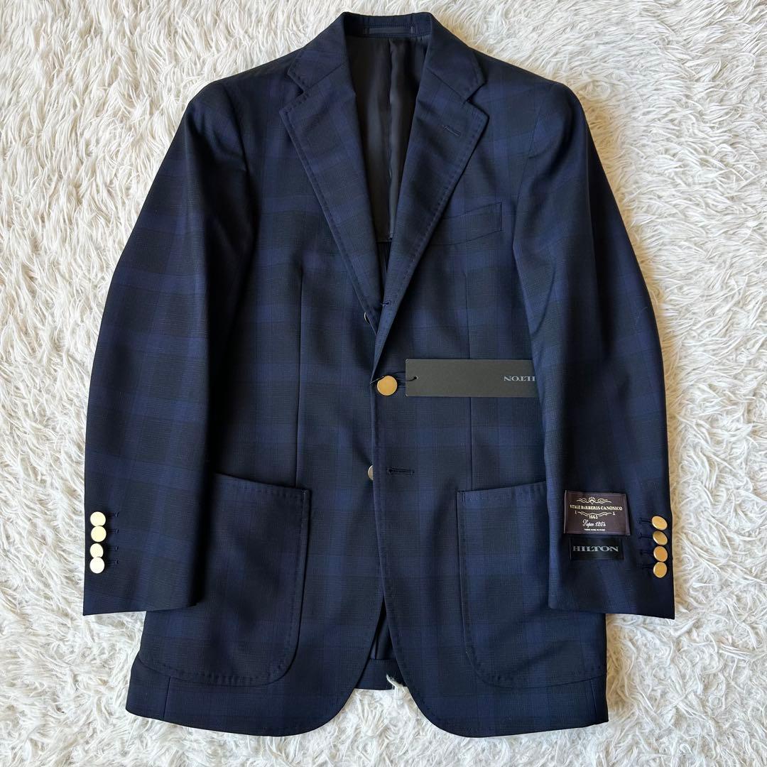 新品未使用✨紺ブレ　HILTON　カノニコ生地　金ボタン　チェック　青　段返り
