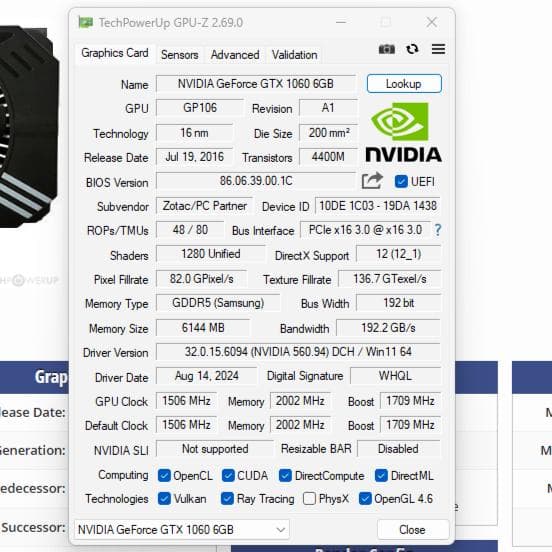 グラフィックボード・グラボ・ビデオカード ZOTAC Geforce GTX 1060 6GB Single Fan