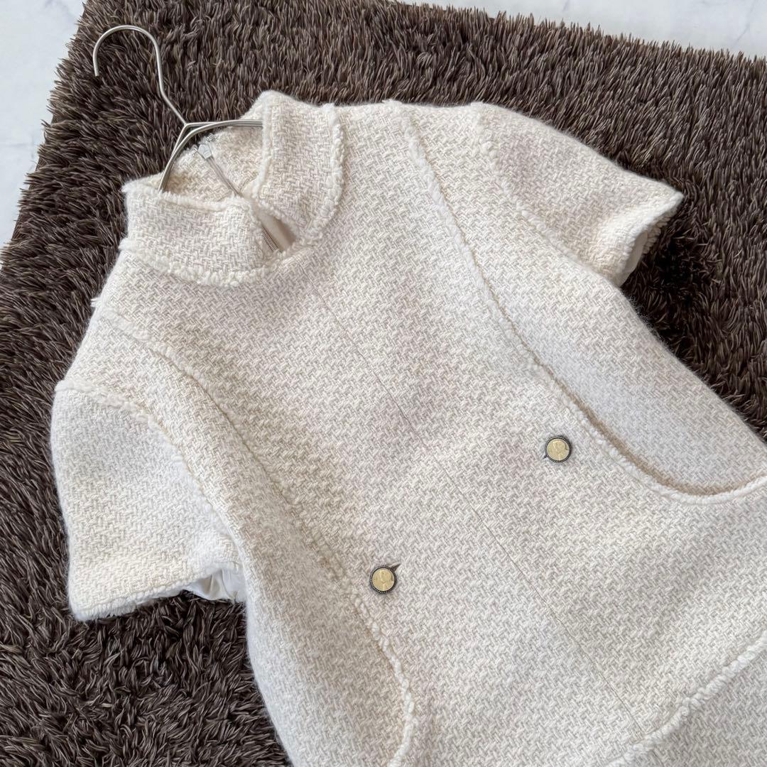 美品 シャネル アンゴラ混 ワンピース ダブルボタン ツイード ハイネック 38