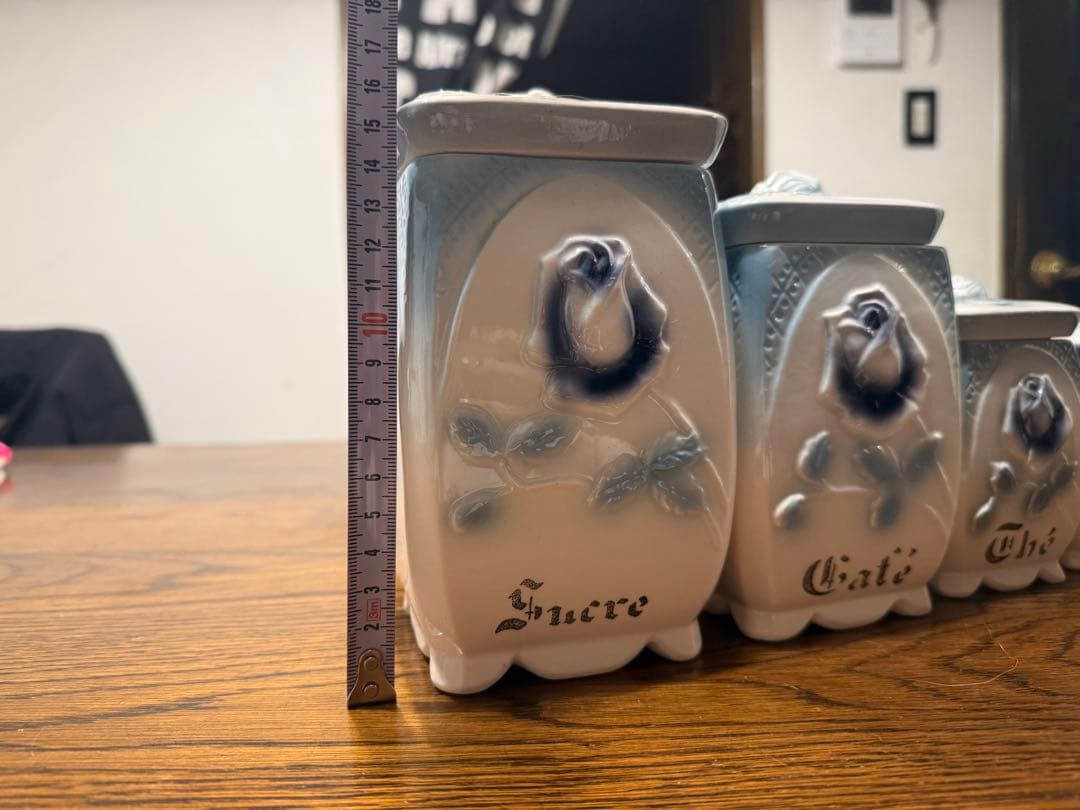 アンティーク 青いバラ柄 「imane」陶器キャニスターセット