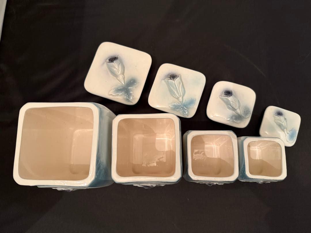 アンティーク 青いバラ柄 「imane」陶器キャニスターセット