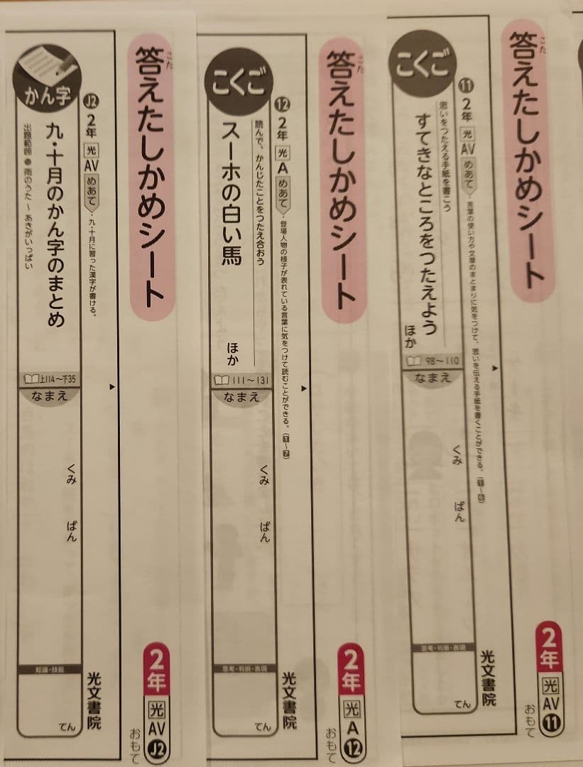 2年国語❤最新版カラーテスト光文書院 答えたしかめシート24枚