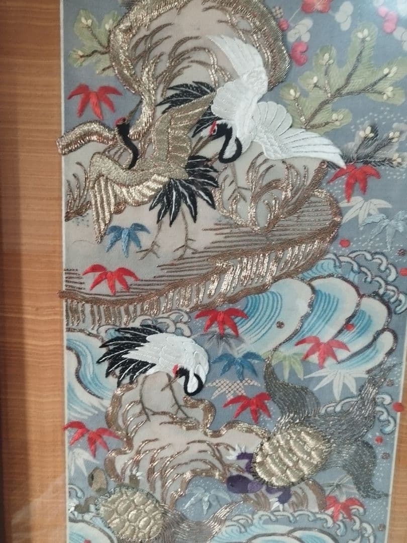 あああ　縁起物 鶴亀 刺繍 打掛 額装 和風インテリア アンティーク