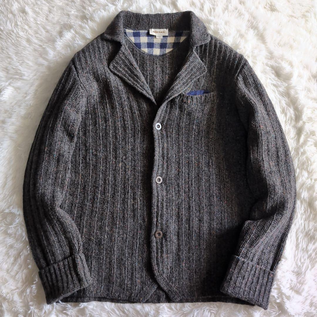 美品 ディーゼル カシミヤ混 ウール メランジ ニットジャケット L グレー