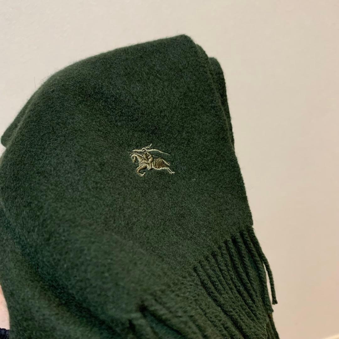 【美品】 バーバリー BURBERRY カシミヤ マフラー ホース刺繍ロゴ 深緑