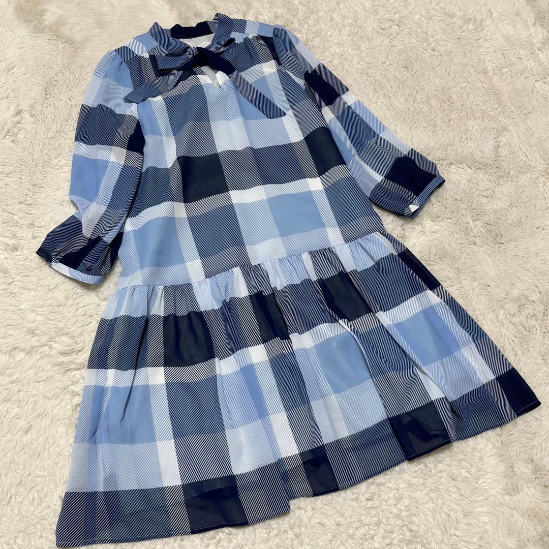 美品　ブルーレーベルクレストブリッジ　ワンピース　チェック　リボン　ボウタイ　M