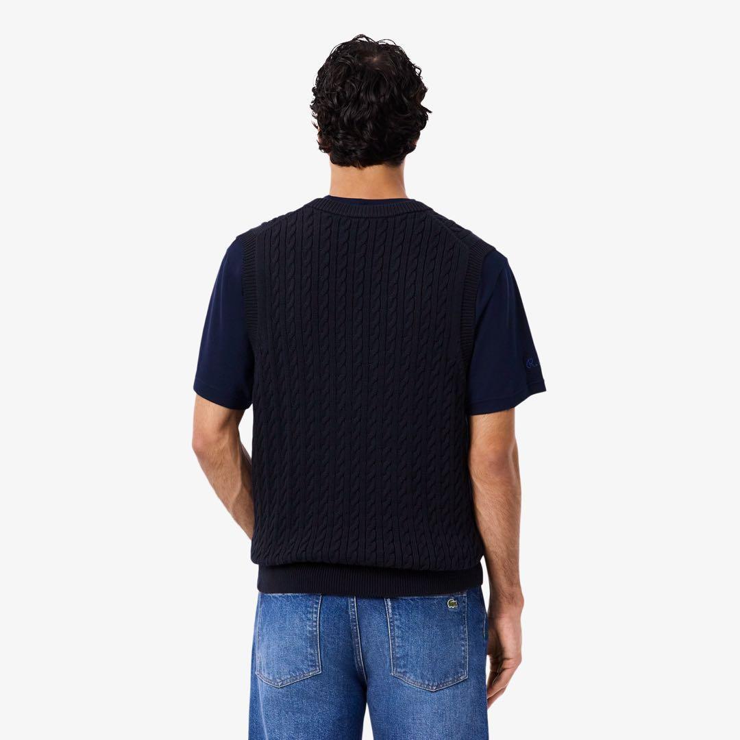 美品 XL ラコステ ケーブルニット Vネック ベスト LACOSTE ネイビー