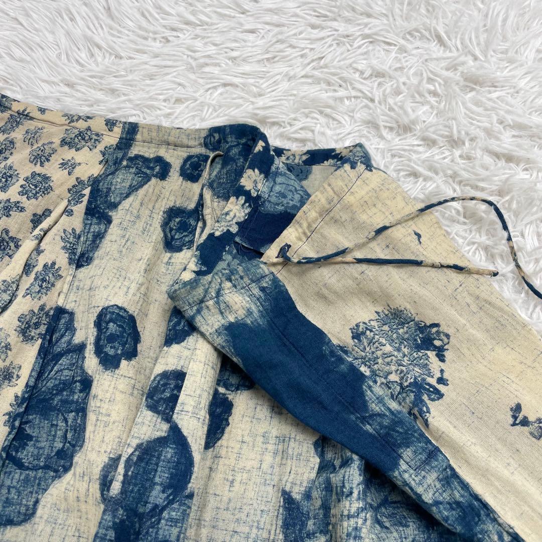 【美品】45R 45rpm 藍染 フラワー 花柄 パッチワーク ロング スカート