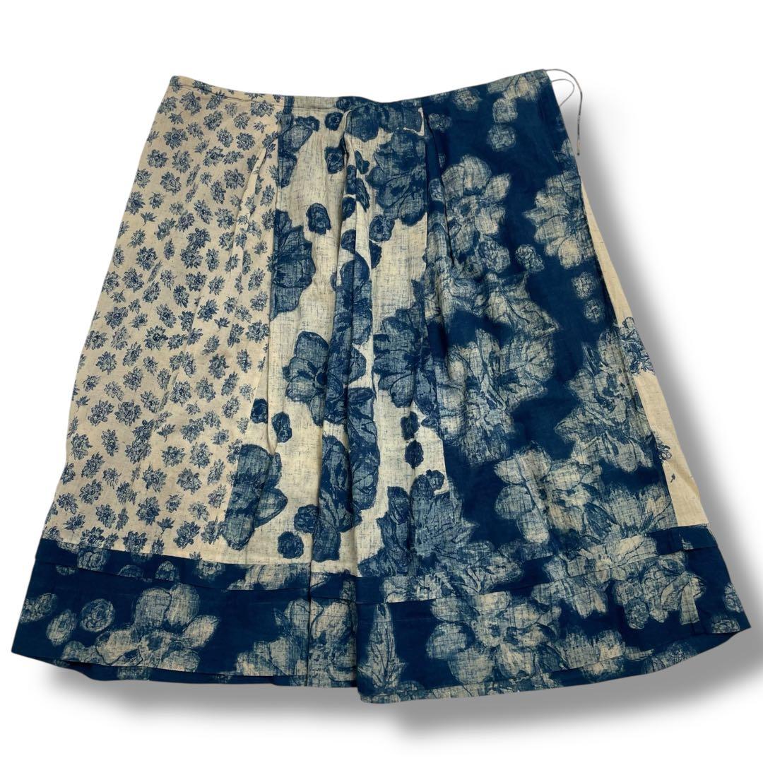 【美品】45R 45rpm 藍染 フラワー 花柄 パッチワーク ロング スカート