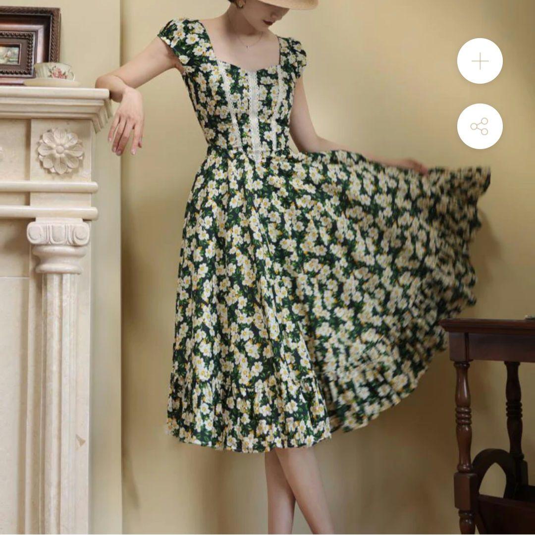 マヌスマシーナ ching's closet 深緑の花群集ヘップバーンワンピース