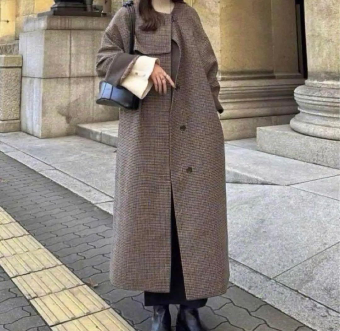 ジャケット・アウター Eaphi no collar wool check coat