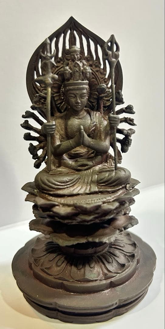 即購入可 千手観音像 金属製 仏像 作者銘あり 専用木箱・解説栞付き 仏教美術