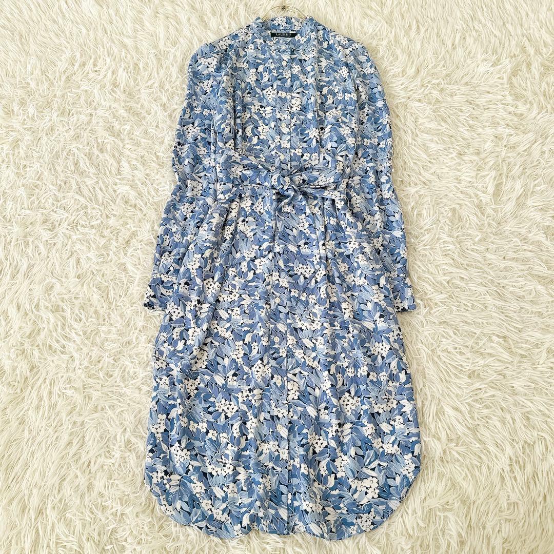サイズ4 ローレンラルフローレン✨花柄 シャツワンピース ベルト 水色