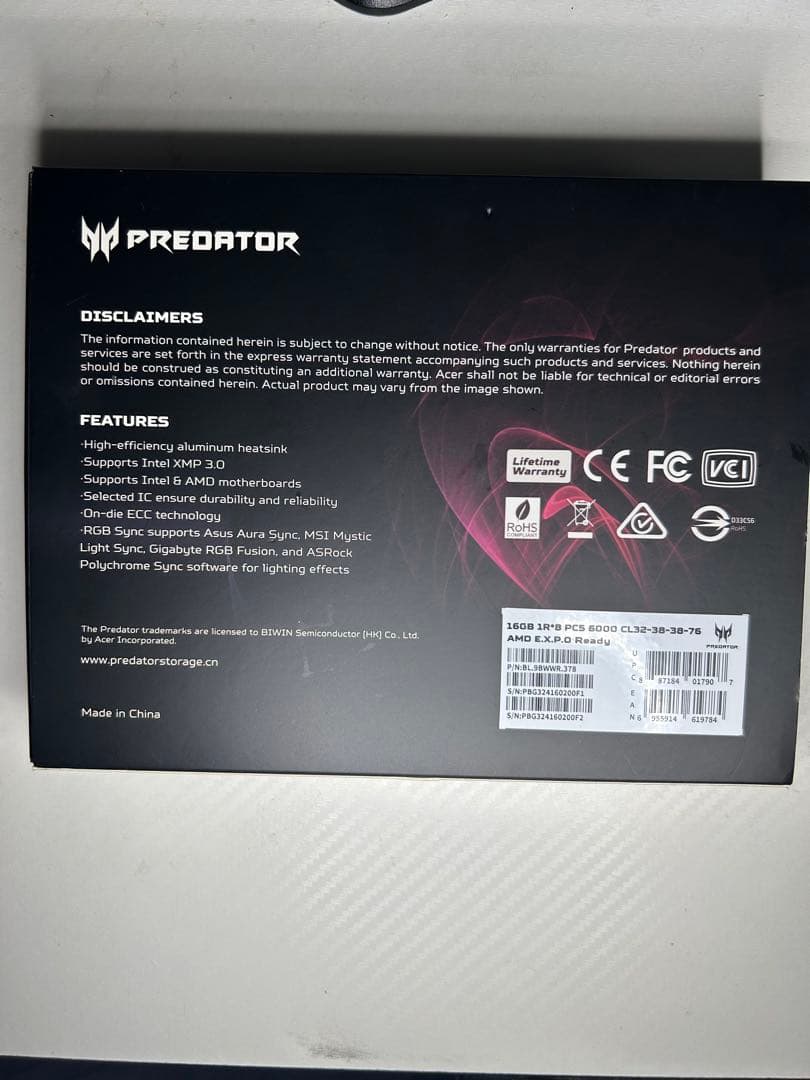 メモリー Predator Vesta II RGB 32GB DDR5 6000MHz