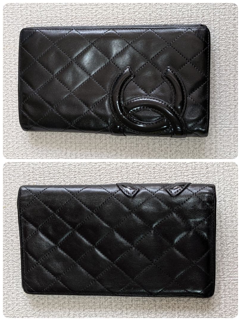 シャネル　カンボンライン　黒　二つ折り財布　ラムスキン　正規品　札入れ
