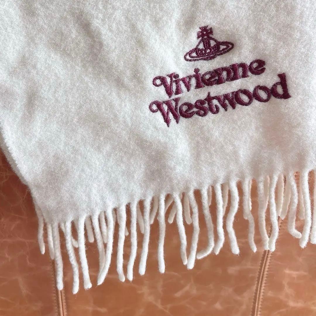 Vivienne Westwood ウールマフラー クリーム色 オーブ刺繍 白
