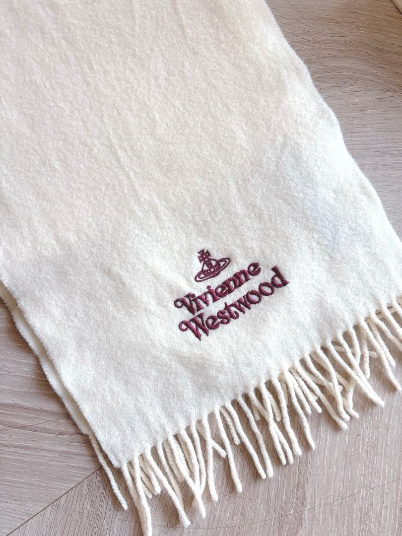 Vivienne Westwood ウールマフラー クリーム色 オーブ刺繍 白