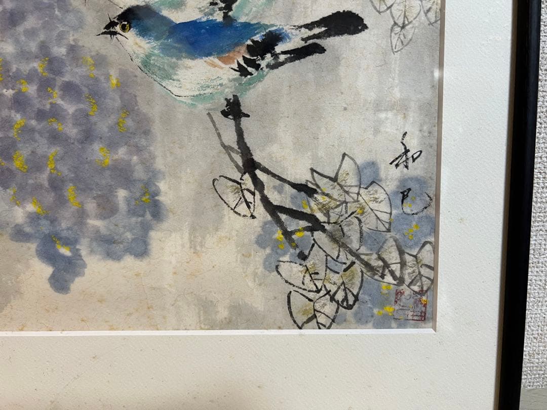 青い鳥と花 日本画