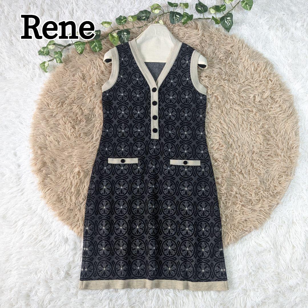 Rene ルネ ニットワンピース ノースリーブ ひざ丈ワンピース 総柄 日本製