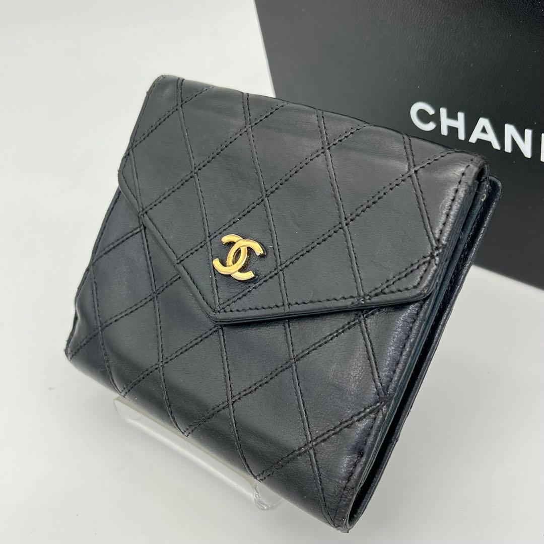 CHANEL 二つ折り財布 ビコローレ Wホック ココマーク 黒 レザー