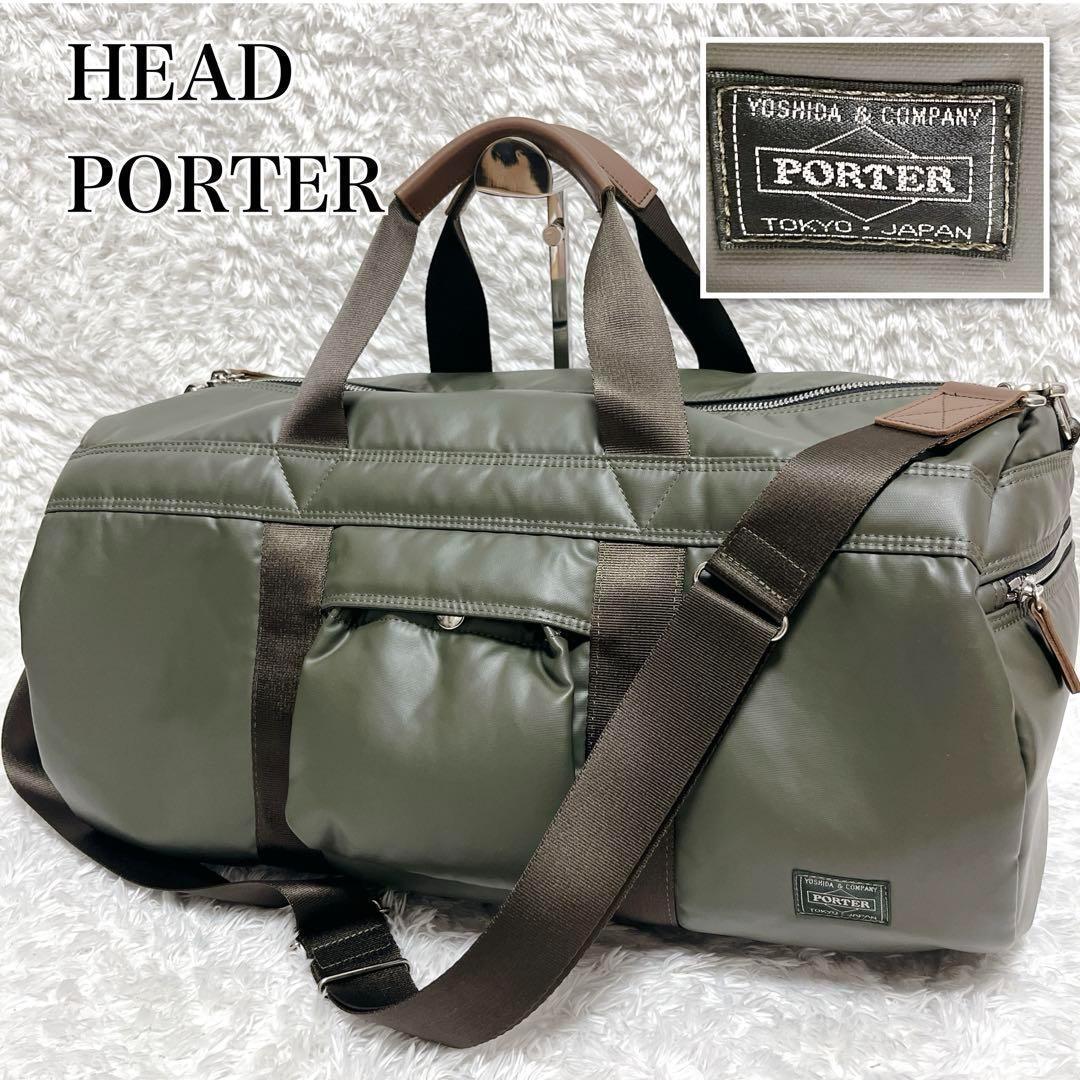 希少　HEAD PORTER レザー　ボストンバッグ　カーキ　ショルダー　大容量