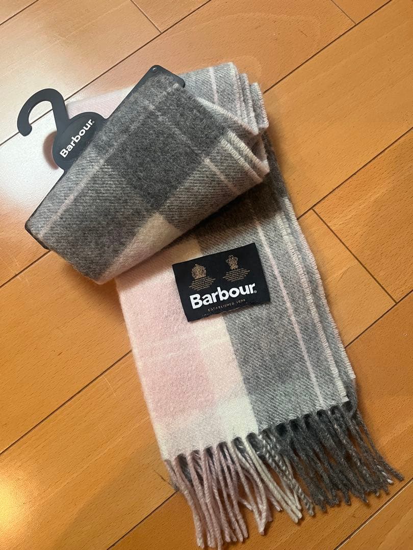 試着のみ/Barbour/ピンク系チェックマフラー/グリーンレーベル別注