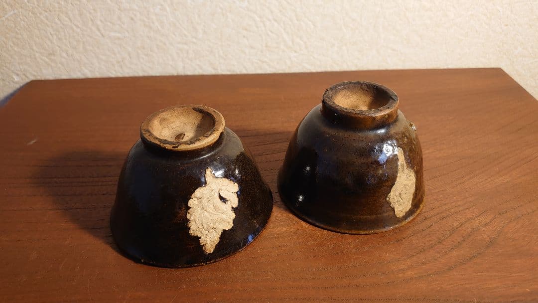 古備前　ぐい呑み　盃　木の葉天目　黒釉　アンティーク備前　江戸期　蔵出し　2客