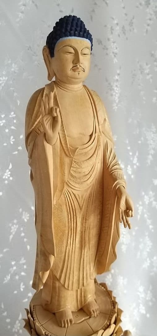 阿弥陀如来立像 6寸 六角台座 光背欠 #537 木彫 仏像
