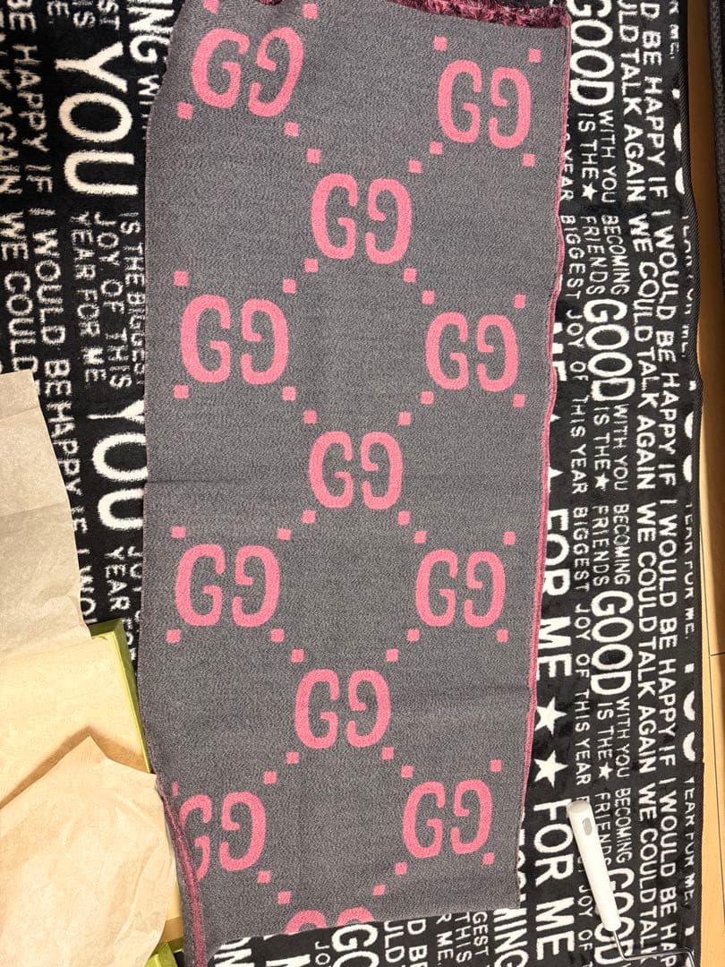 GUCCI シルクマフラー グレー/ピンク