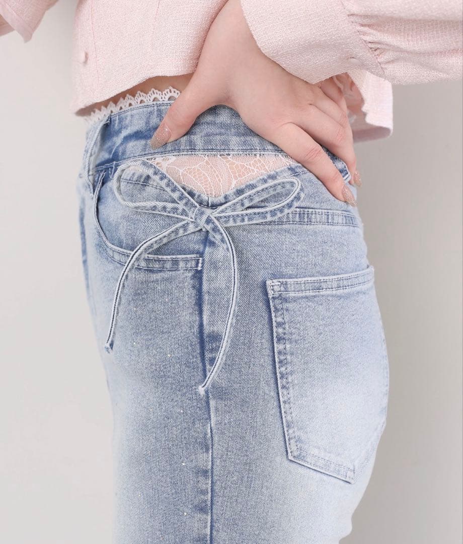 NICE CLAUP サイドカットレース美脚ビジューデニム