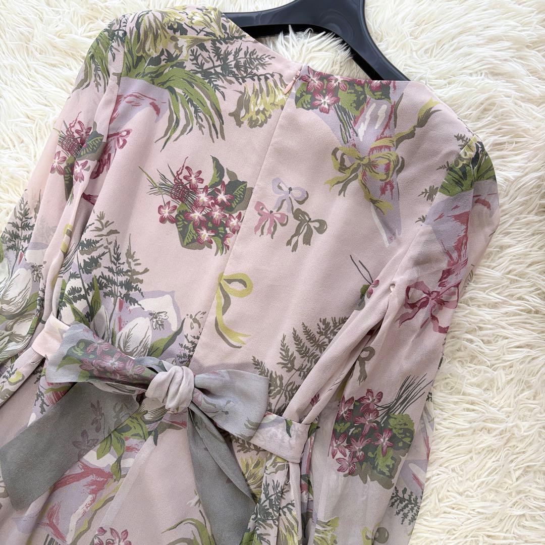 【美品】ピンタック　シルク100% シビラ　ワンピース　リボン　花柄　長袖　38