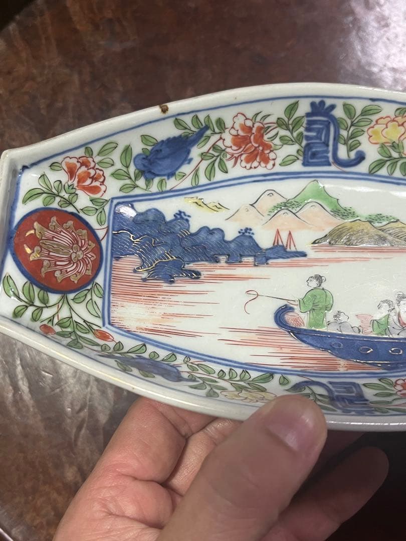 古伊万里　色絵　長皿　上手　赤絵　花唐草　牡丹唐草　柿右衛門　鮎皿　舟皿