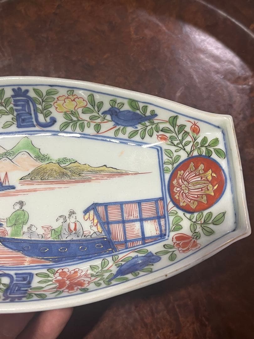 古伊万里　色絵　長皿　上手　赤絵　花唐草　牡丹唐草　柿右衛門　鮎皿　舟皿