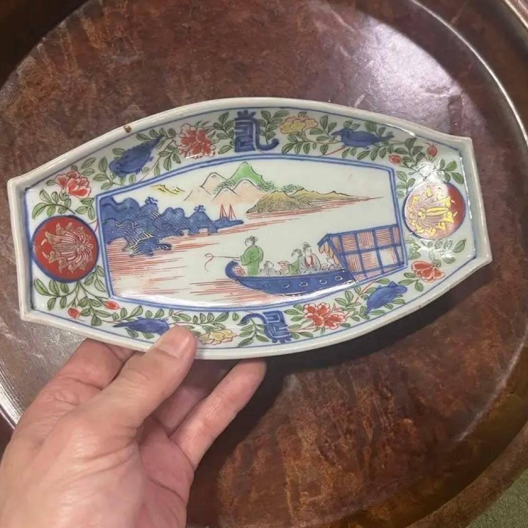 古伊万里　色絵　長皿　上手　赤絵　花唐草　牡丹唐草　柿右衛門　鮎皿　舟皿